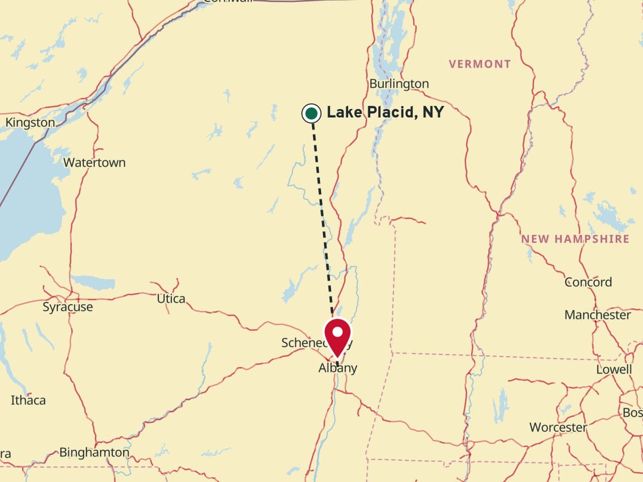 Map with a guess at Albany, 113 mi from the answer, Lake Placid, New York